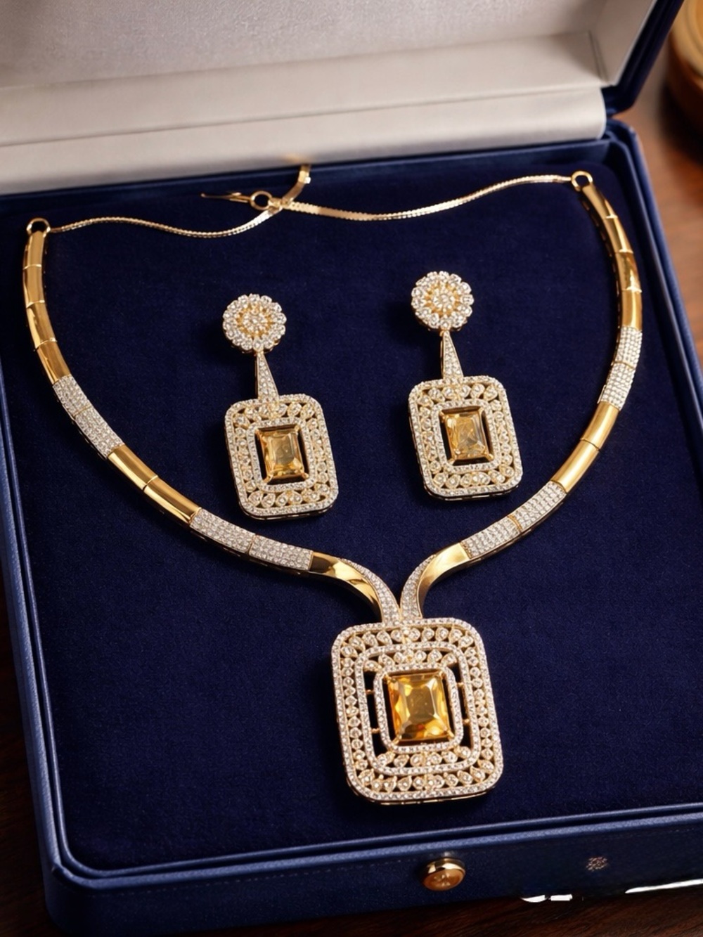 Gold-Tone Citrine Crystal Pendant Necklace and Earring Set